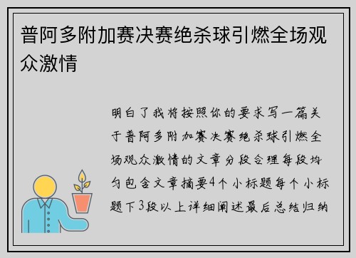 普阿多附加赛决赛绝杀球引燃全场观众激情