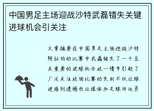 中国男足主场迎战沙特武磊错失关键进球机会引关注